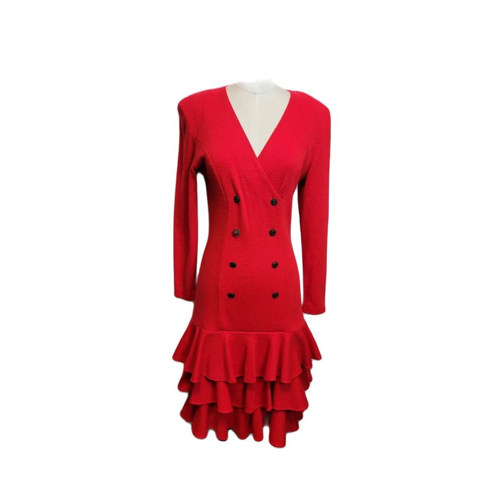 Vintage 80s Drop Waist Tiered Ruffle Dress Red Retro Button Down Sz 7/8 Cocktail